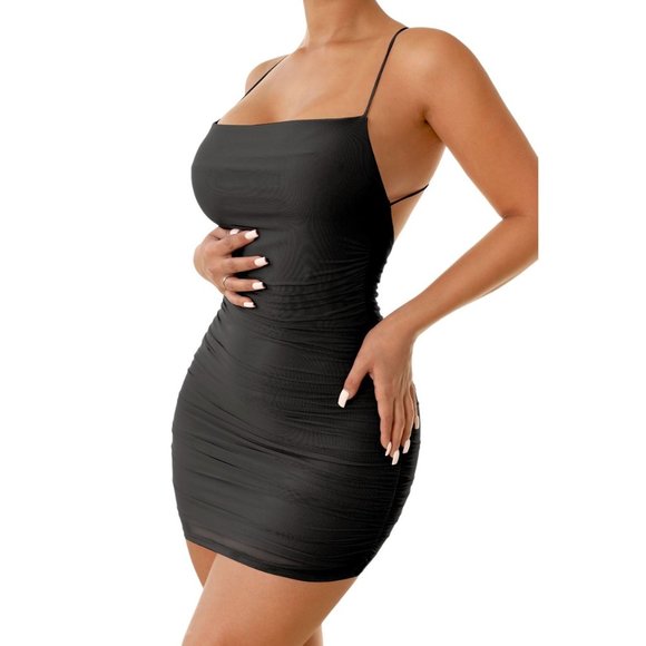 Tresser Square Neck Ruched Mesh Cross Back Mini Dress Black Size Small NWT - Picture 1 of 2